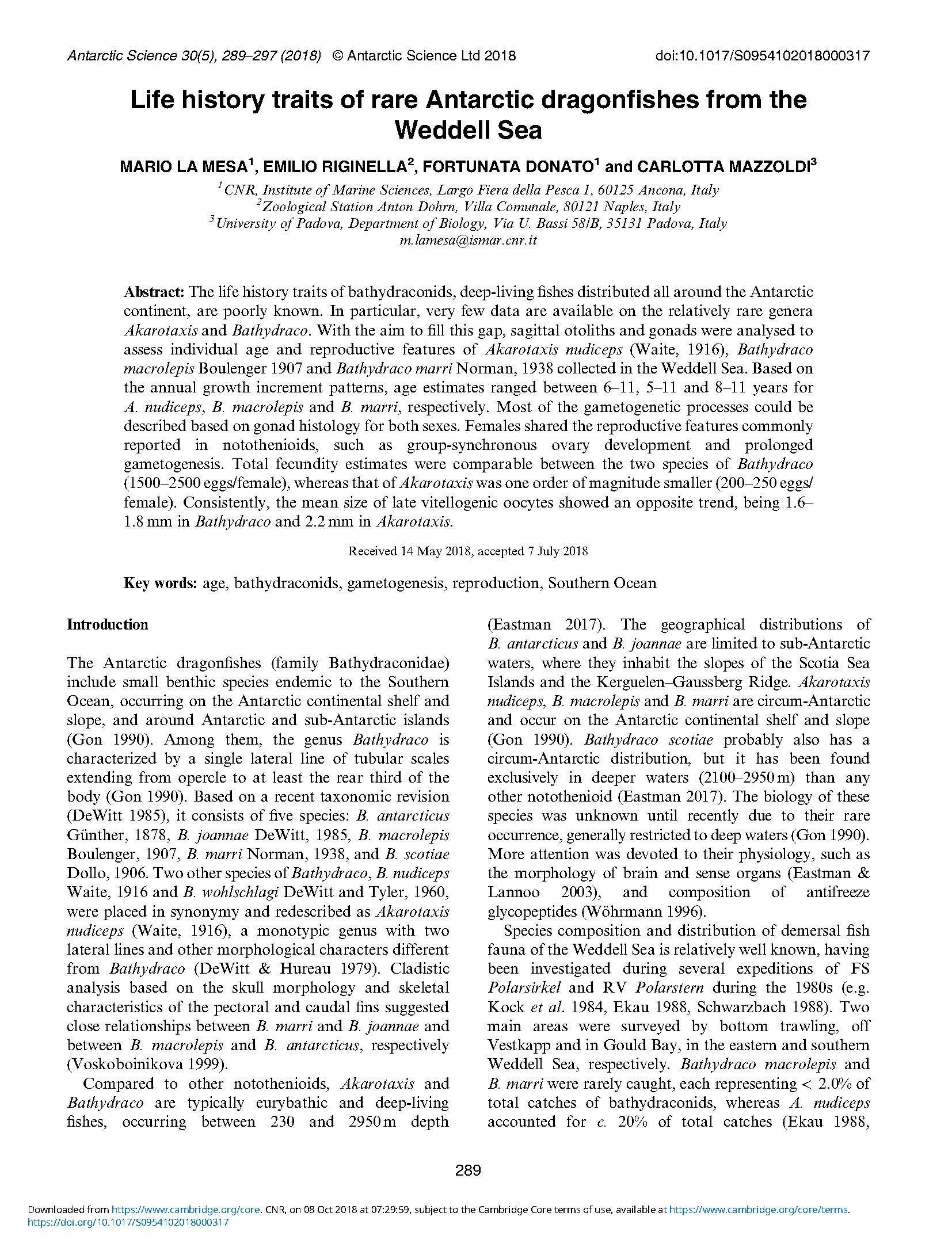 022 La Mesa et al. 2018 Aantarrctic dragonfishes Weddell Sea