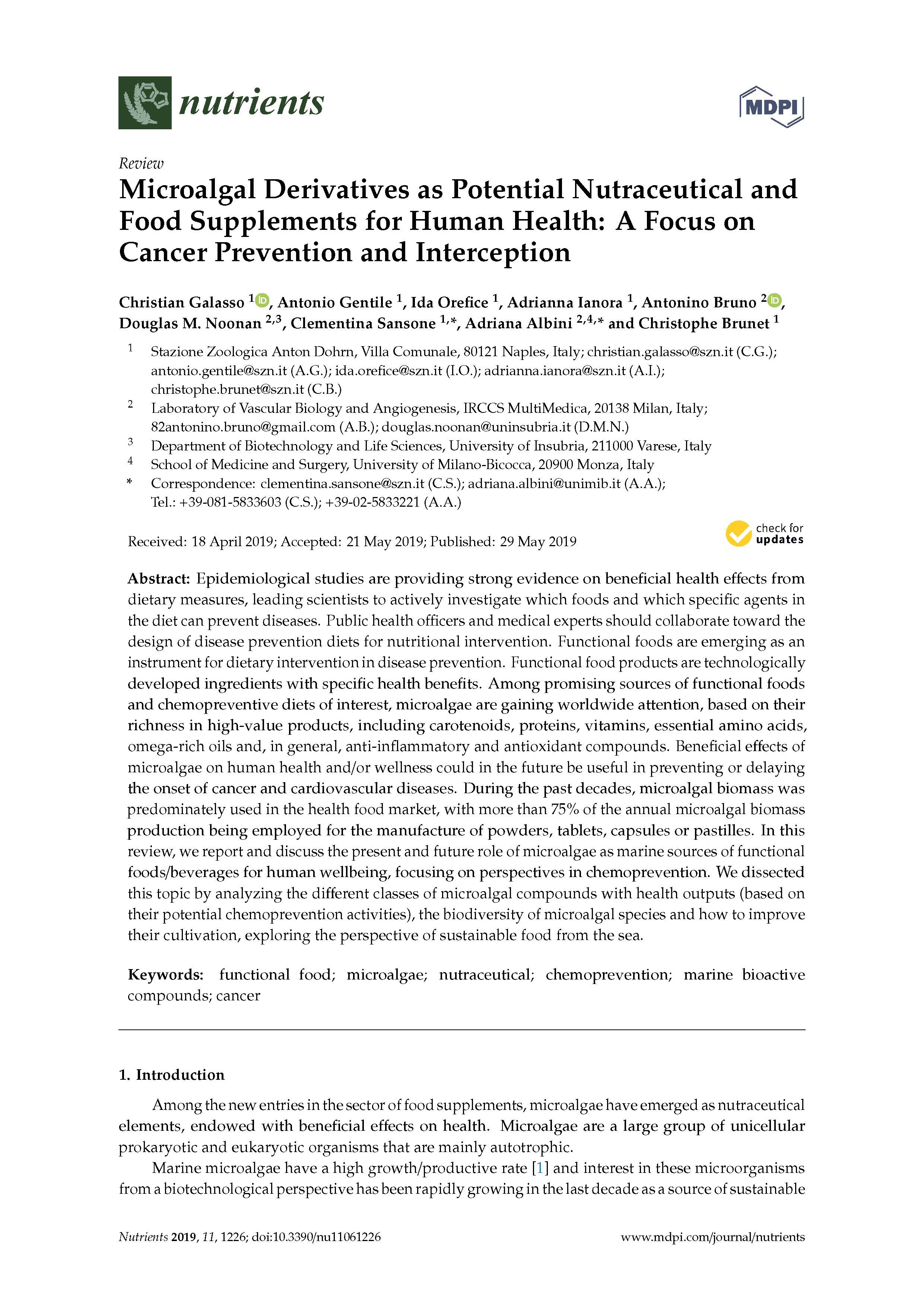 2019 Galasso et al Microalgal Derivatives as Potential Nutraceutical and Food Supplements for Human Health A Focus on Cancer Prevention and