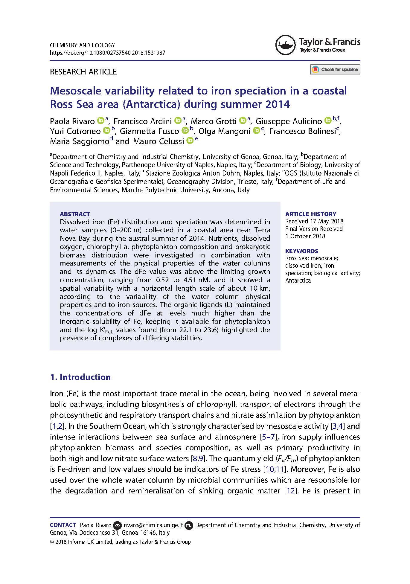 Rivaro et al 2018 Chemistry and Ecology