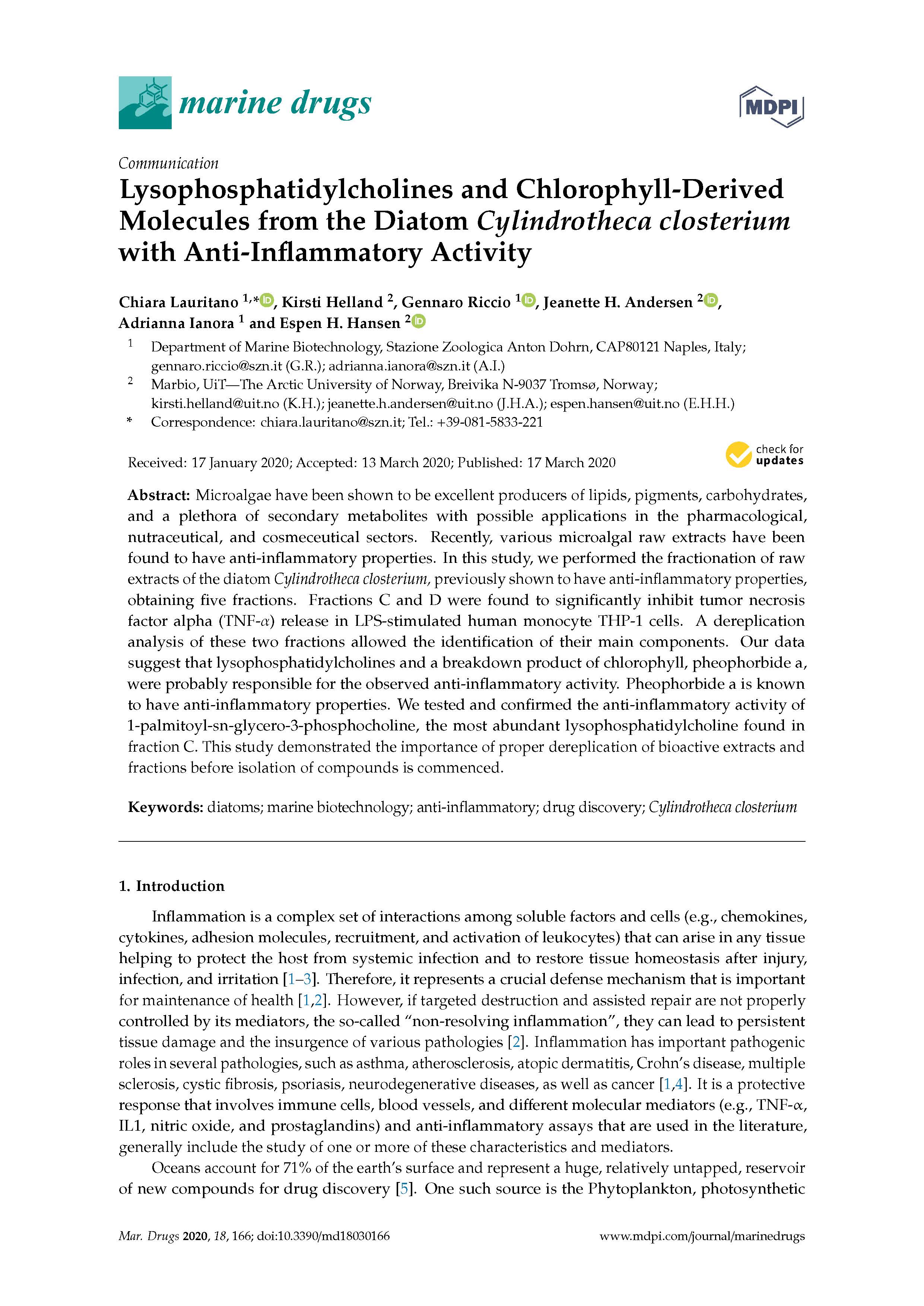 2020. Lauritano et al Marine drugs 2020