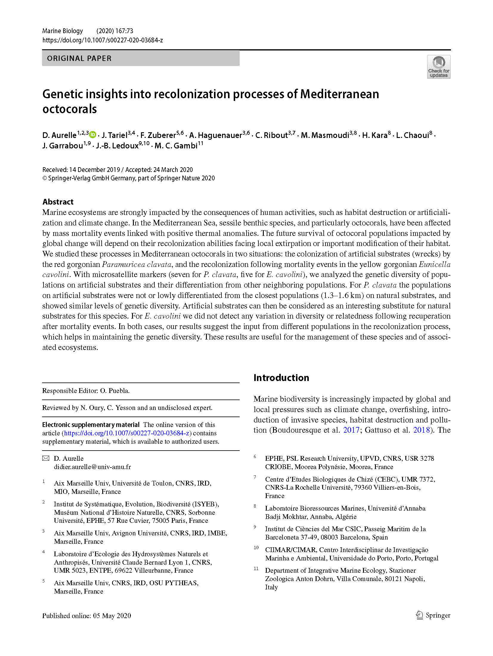 Aurelle et al 2020 Genetic Insights Into Recolonization MarBiol