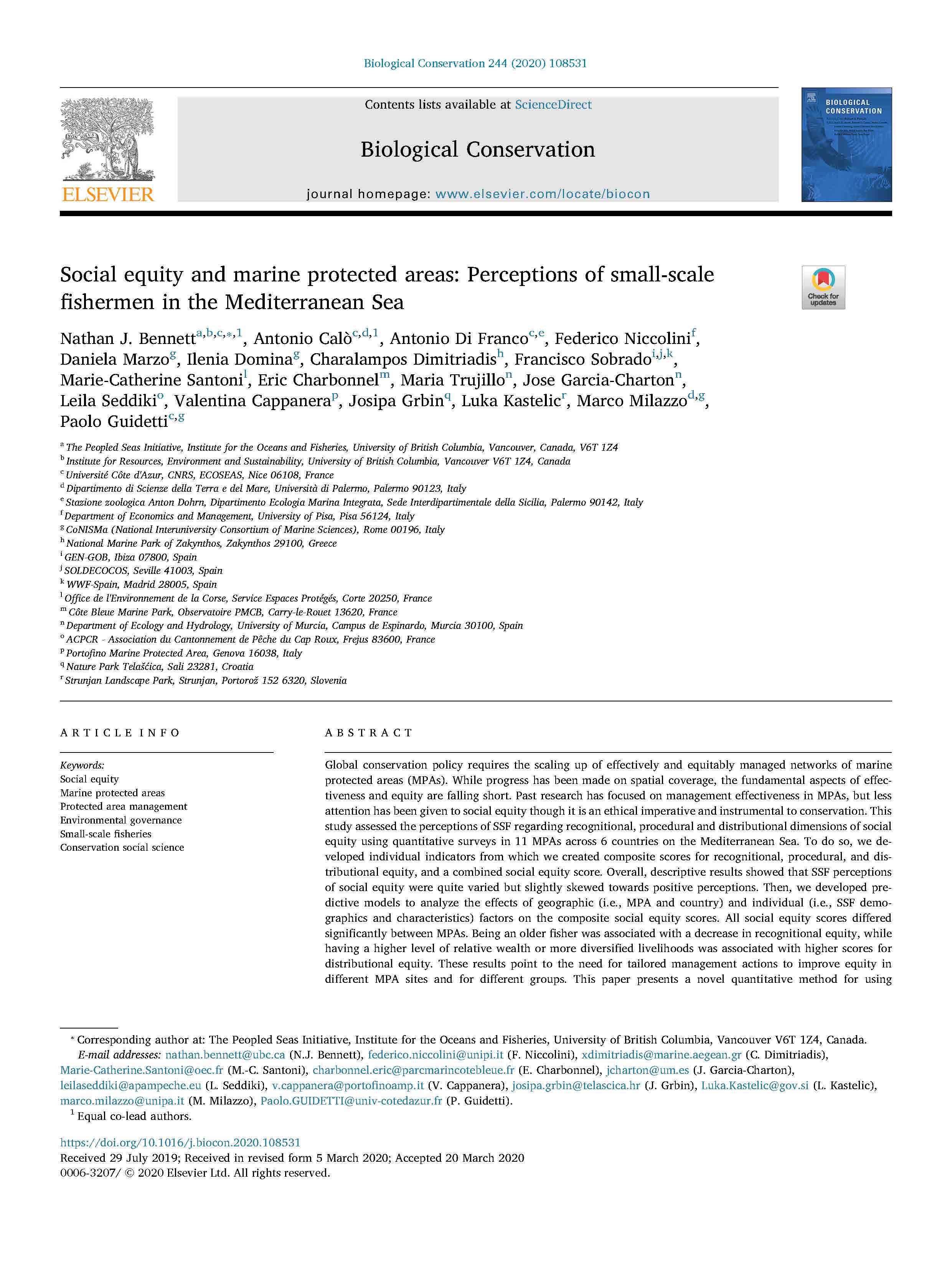 Bennett et al 2020 Social equity and marine protected areas