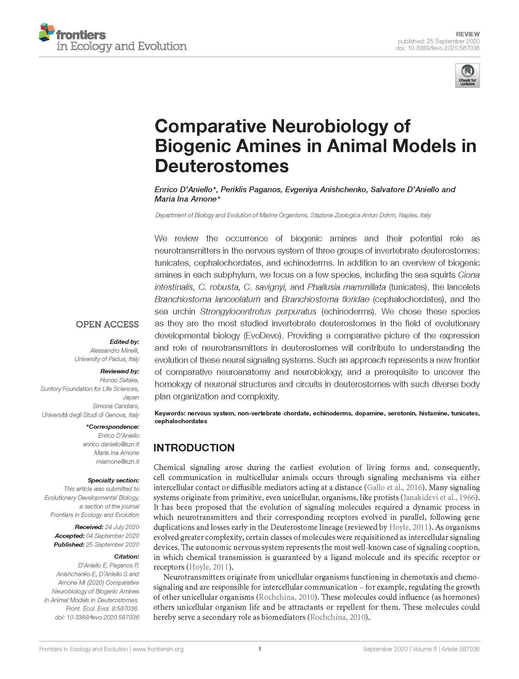 Comparative Neurobiology of Biogenic Amines in Animal Models in Deuterostomes
