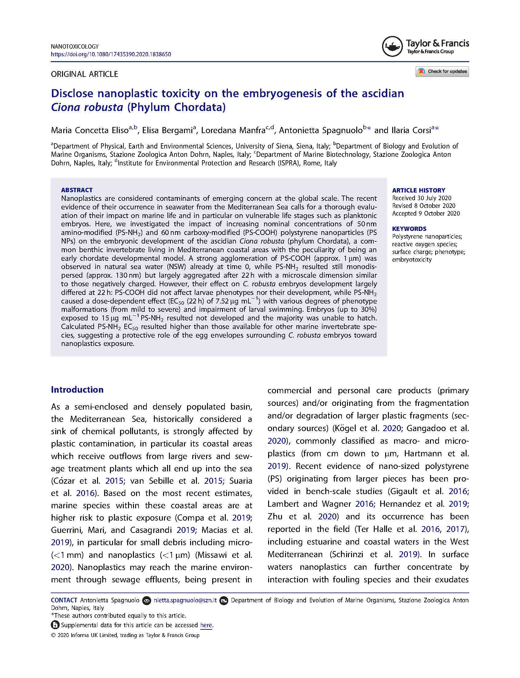 Disclose nanoplastic toxicity on the embryogenesis of the ascidian Ciona robusta Phylum Chordata