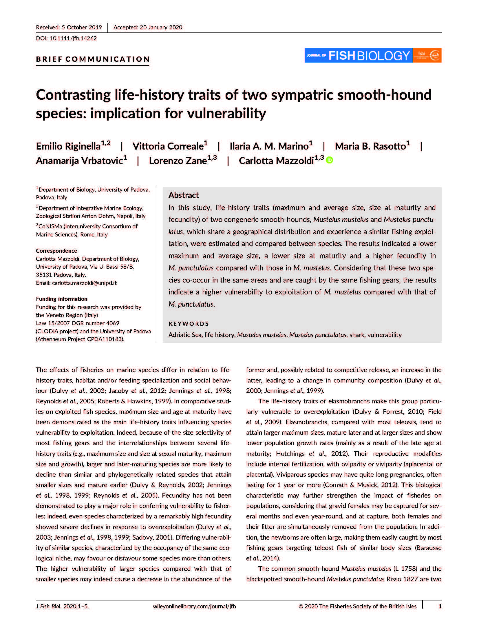 Riginella et al. 2020 Jour of Fish Biol Mustelus
