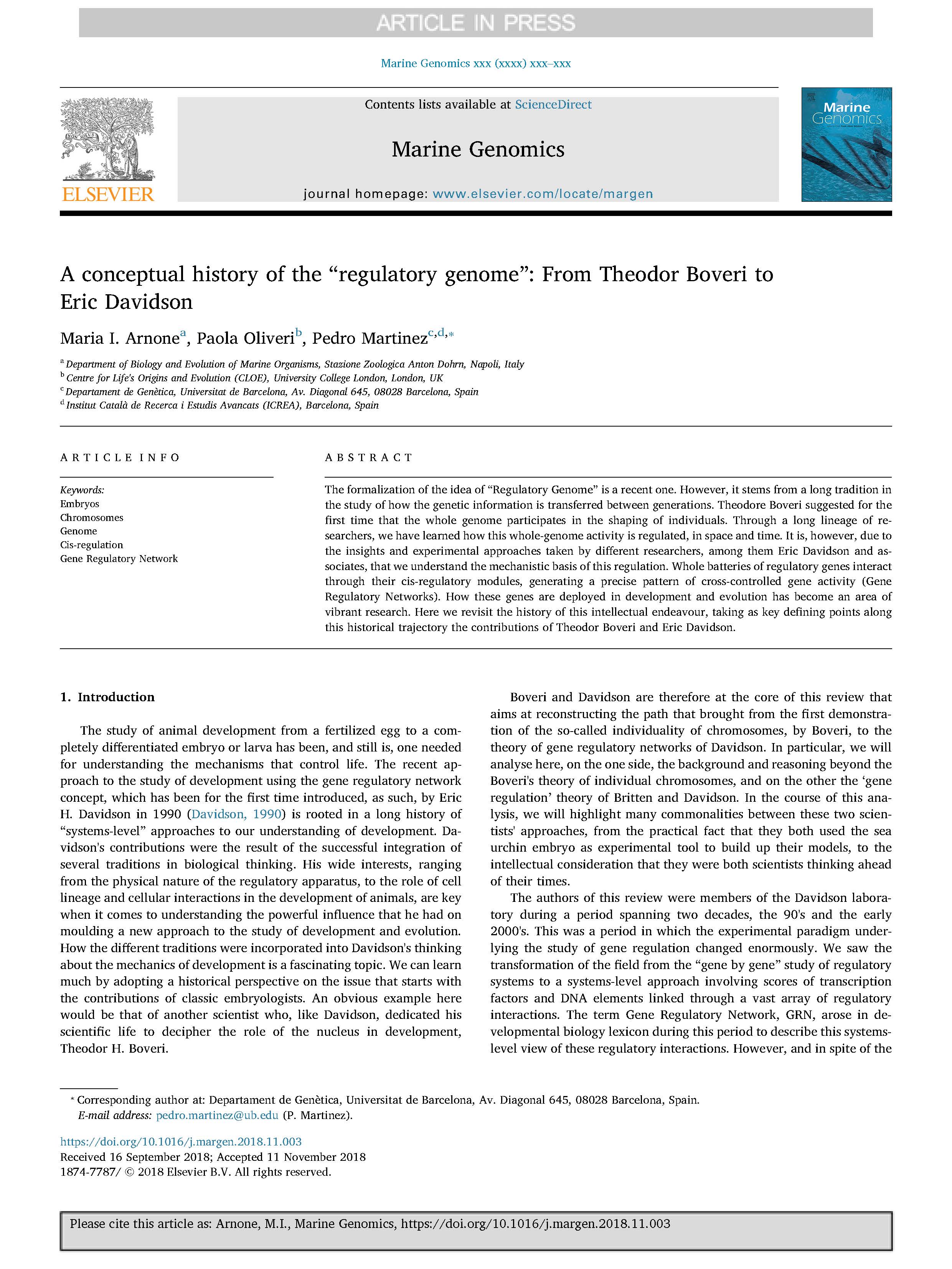 Arnone et al Marine Genomics Boveri Davidson issue