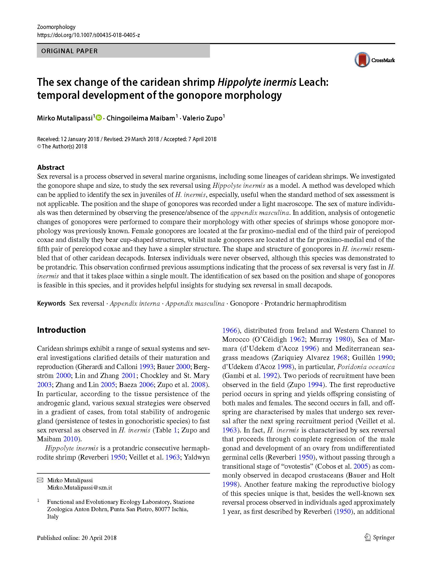 Mutalipassi Maibam Zupo 2018 The sex change of the caridean shrimp Hippolyte inermis Leach temporal development of the gonopore m